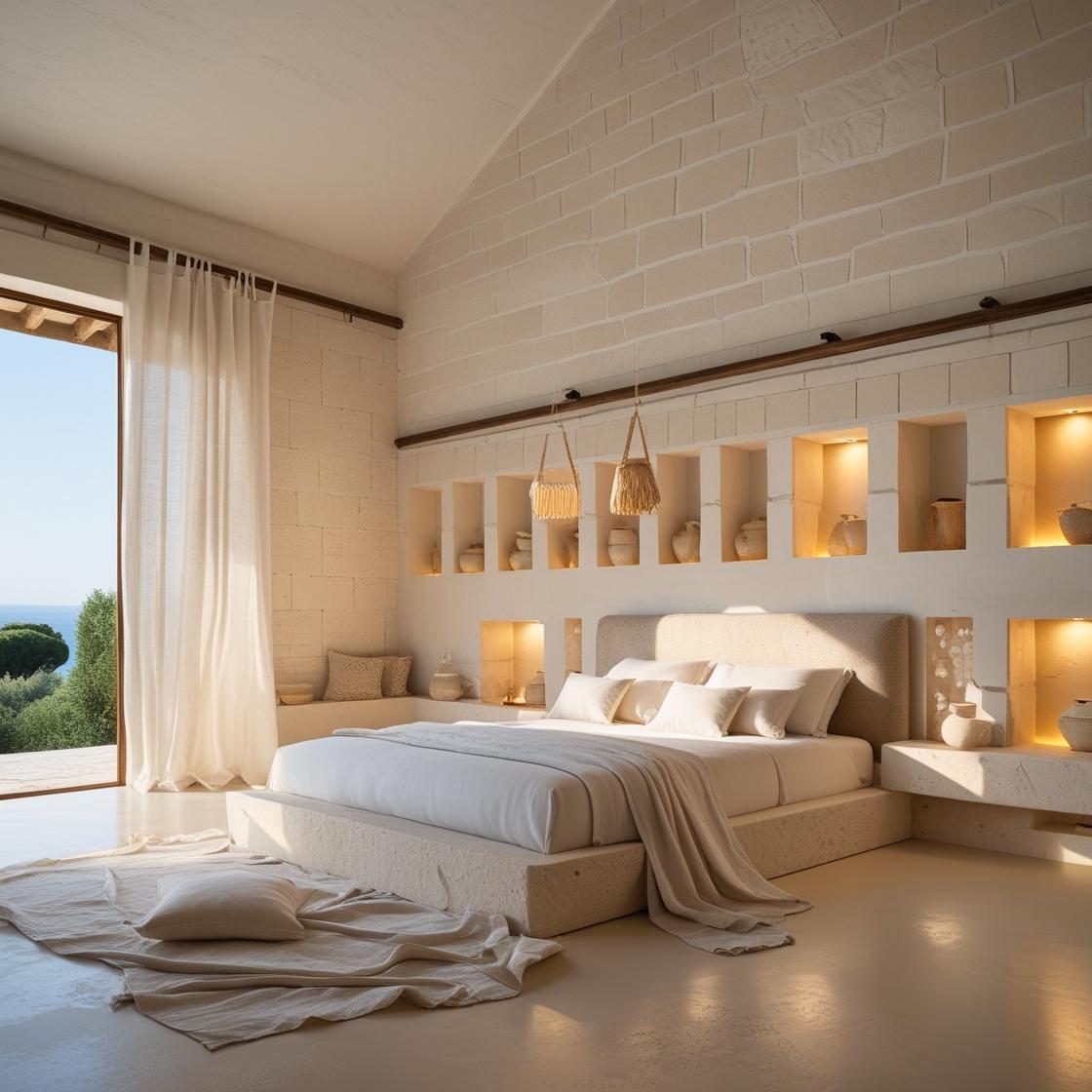 Bright Apulian bedroom with linen bedding and a sea view