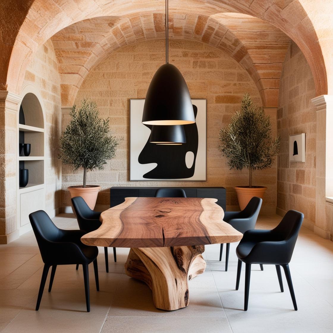 Dining room under an Apulian stone vaulted ceiling with a raw-wood table