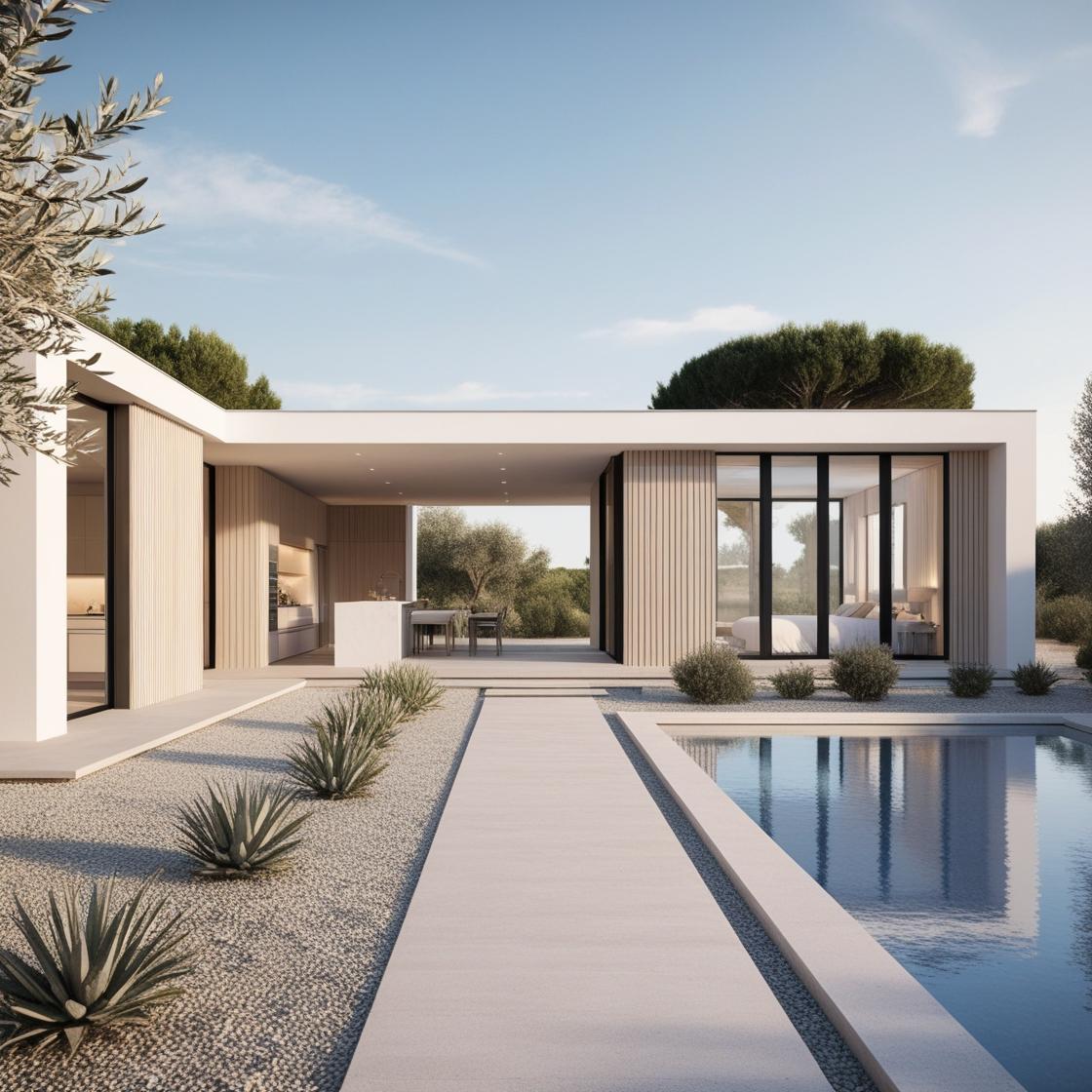 Modern minimal eco-luxury villa with reflecting pool and olive trees