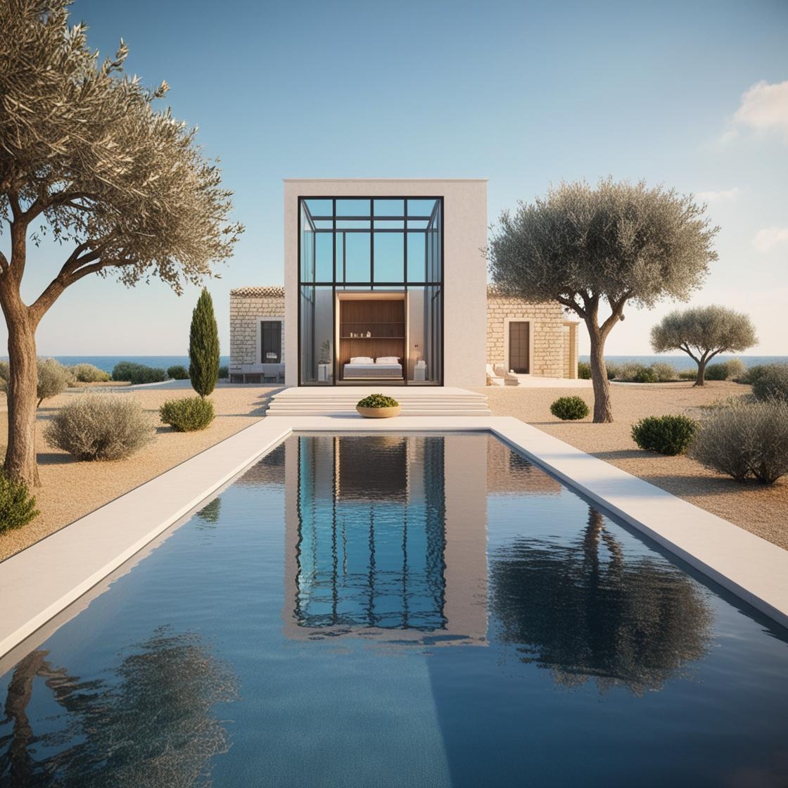 Contemporary Apulian villa with long reflecting pool and olive grove